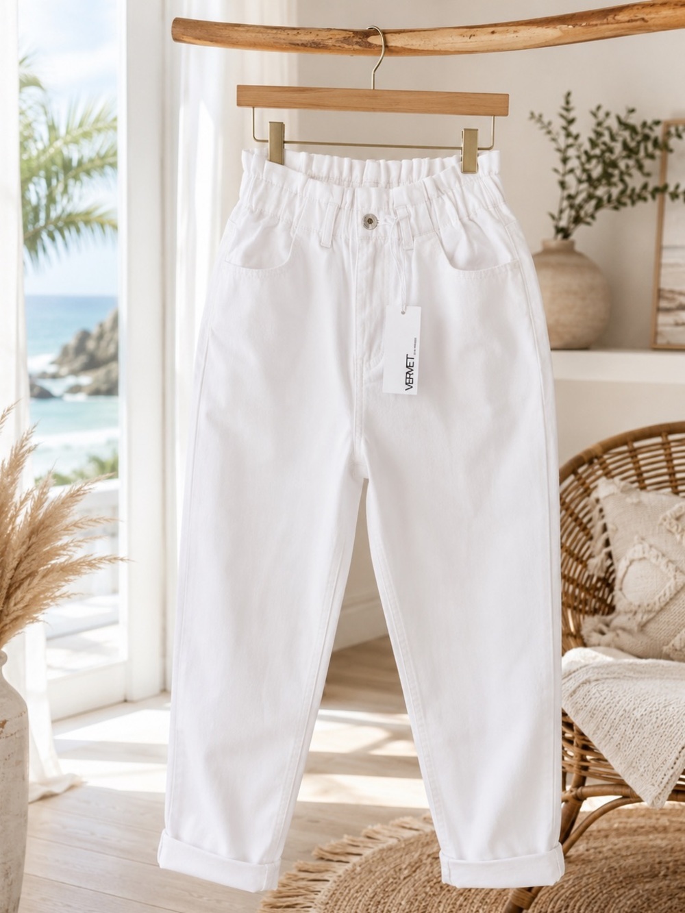 Vervet Los Angeles White Paperbag Waist Cropped Jeans Size 28 NWT 100% Cotton